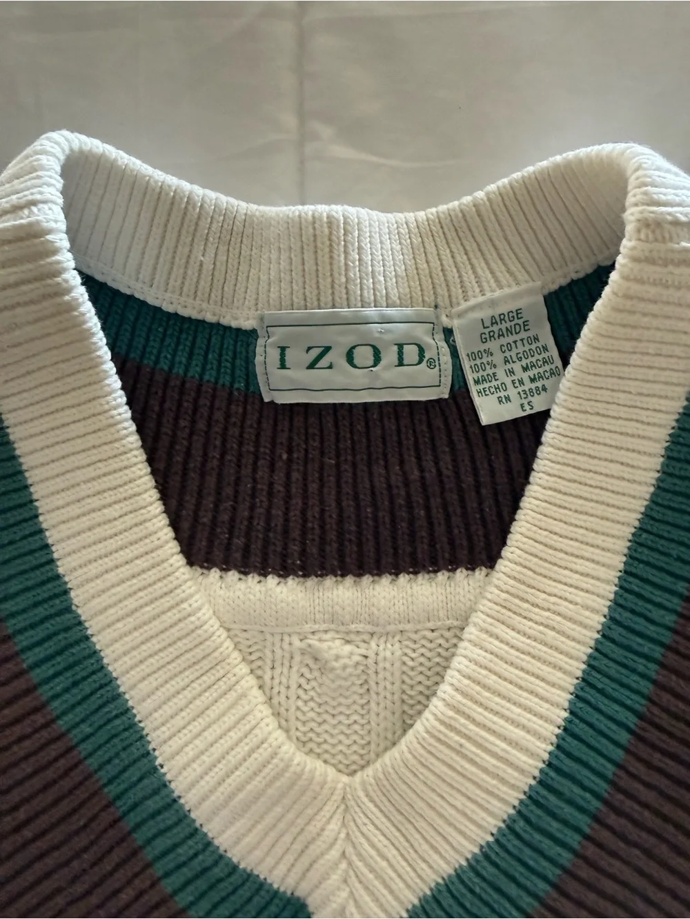 Izod Cream Cable-Knit V-Neck Sweater Vest with Brown & Teal Trim - Picture 3 of 3